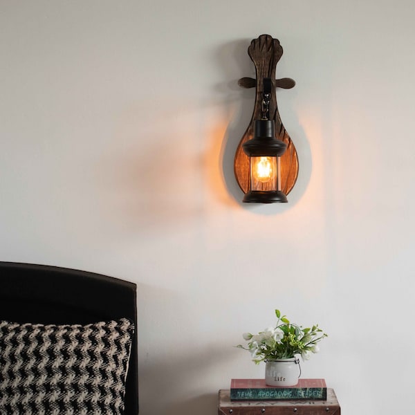 Vintage Industrial Unique Shape Wooden Wall Lamp, Wall Sconce Light For Home, Restaurant Or Bar